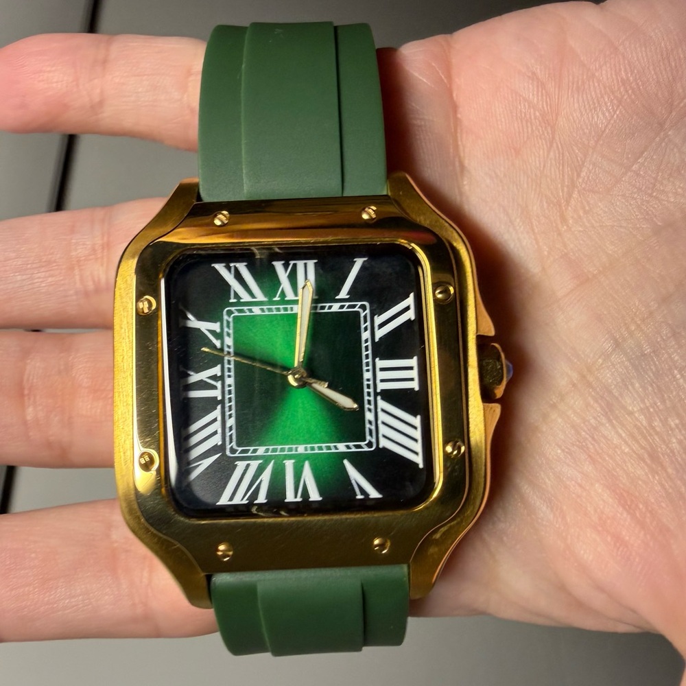 Santos Homage Gold & Green Men’s Watch Seiko Mod NH35 mimics Cartier Santos